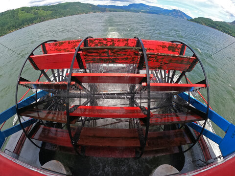 Wide Angle view of paddle spinning on a paddleboat on the Columbia River