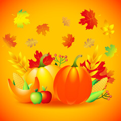 Obraz na płótnie Canvas Autumn vector background with pumpkins and leaves