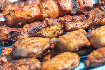Fried meat (shashlik) on skewers.
