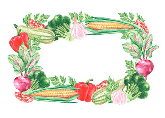 Harvest vegetables watercolor frame (wreath). Watercolor vegetables. Brocoli, parsley, zucchini, peppers, corn, garlic, beans, beetroot. Summer and spring harvest. The frame is isolated. For printing 