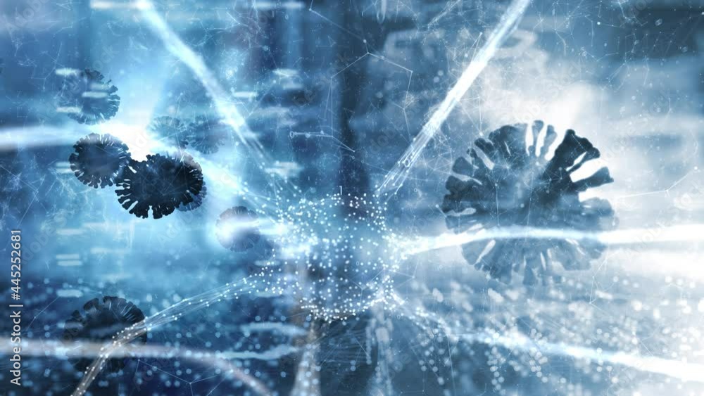 Poster artistic 3d shiny neuron cell in the brain and coronviruses cyberspace network.