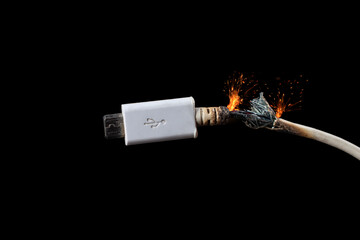 Damaged usb cable on a black background.