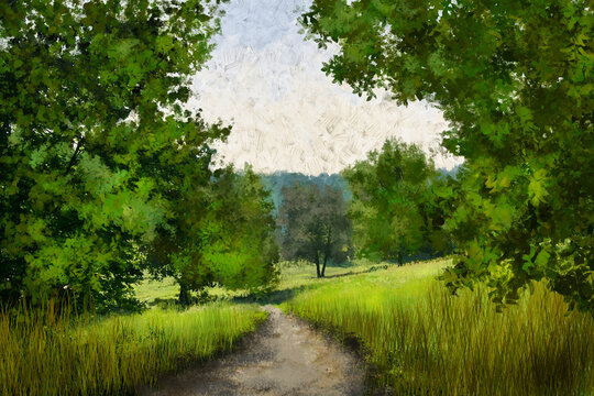 Digital oil paintings summer landscape, path in the forest