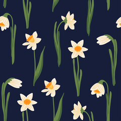 Vector seamless pattern of yellow daffodils or Narcissus. Hand drawn Botanical background. Early Spring potted garden flower blooming bulbous plant with root. Floral texture in flat style