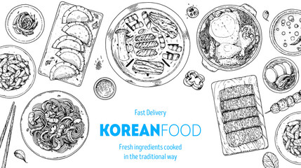 Korean food top view illustration. Hand drawn sketch. Samgyetang, mandu, japchae, tteokbokki, wagyu beef, noodles, skewers. Korean street food, take away menu design. Vector illustration.