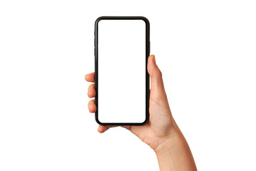 A woman's hand holds a mobile phone on a white background