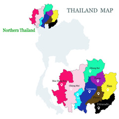Maps of Northern Thailand with 9 Province, Chiang mai, Chiang rai, Phrae, Phayao, Lampang, Maehhongson, Uttaradit, Lamphun, Nan and focus on Chiang Mai with red colour and blue pin map