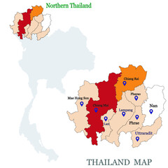 Maps of Northern Thailand with 9 Province, Chiang mai, Chiang rai, Phrae, Phayao, Lampang, Maehhongson, Uttaradit, Lamphun, Nan and focus on Chiang Mai with red colour and blue pin map
