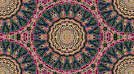 Abstract bright composition in the mandala style in red and green tones. 3d rendering.