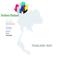 Maps of Northern Thailand with 9 Province in different colors, Chiang mai, Chiang rai, Phrae, Phayao, Lampang, Lamphun, Maehhongson, Uttaradit, Nan