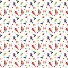seamless watercolor pattern of autumn leaves, wild berries, birds and amanitas on a white background.