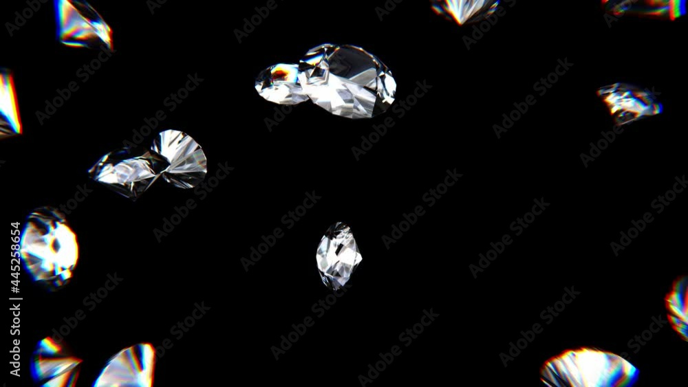 Poster realistic looping 3d animation of the falling big shining diamonds rendered in uhd with lens distort