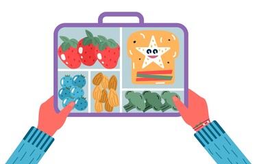 Hands holding breakfast or lunch meals. Food, drinks for Children school lunch boxes with meal, broccoli, sandwich, juice, snacks, fruit, vegetables.Vector trendy