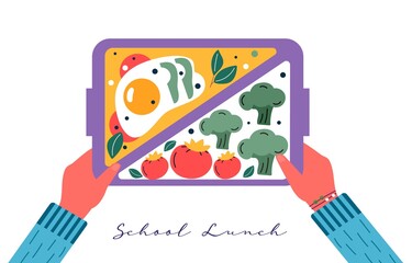 Hands holding breakfast or lunch meals. Food, drinks for Children school lunch boxes with egg, meal, tomato, sandwich, juice, snacks, fruit, vegetables.Vector trendy - 445258687