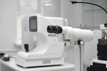 Modern eye room in the clinic, equipment for the detection of diseases and treatment of vision. Medical equipment in the eye hospital. The concept of healthcare.