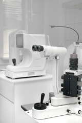Modern eye room in the clinic, equipment for the detection of diseases and treatment of vision. Medical equipment in the eye hospital. The concept of healthcare.