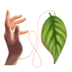 On a white background is a hand that is charged from a green leaf