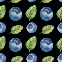 Blueberries on a black background with leaves that are chaotic to each other.Blueberries blue , leaves green.