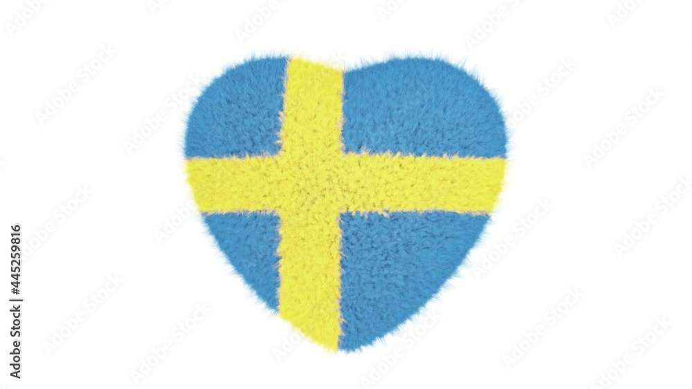 Poster realistic looping 3d animation of the cute fluffy national flag of sweden beating fur heart rendered