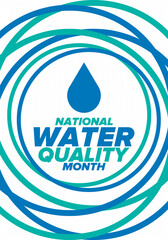 National Water Quality Month in August. Month of studying the water. Origin, save and purify water. High quality water. Celebrated in United States. Poster, card, banner, illustration. Vector