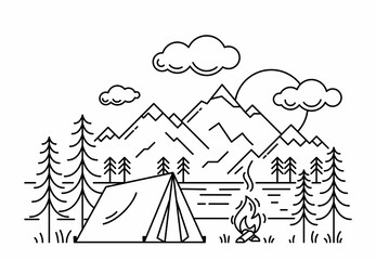 Camping tent in forest at the river outline vector illustration. Black linear campsite isolated on white background. Outdoor recreation in woods and at the river.