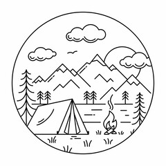 Camping tent in forest at the river outline vector illustration in circle. Black linear campsite isolated on white background. Outdoor recreation in woods and at the river.
