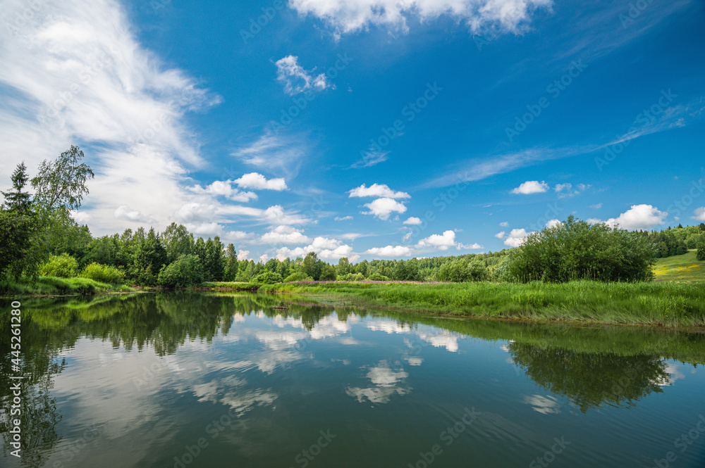 Sticker Calm River. Clouds Reflection On Lake