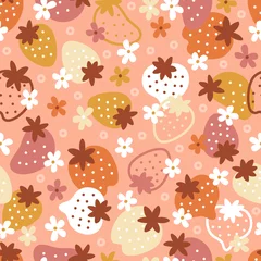 Gordijnen Cute Strawberry and Flowers Colorful Seamless Pattern. Multicolor Strawberries Summer Floral Background. Summer Berries Wallpaper. Vector illustration. © AllNikArt