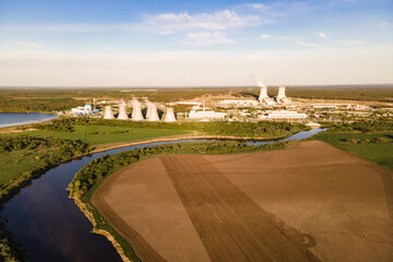 Nuclear power plant production clean energy from source renewable energy. Industrial zone with...
