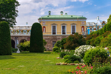 St.Petersburg, Russia - June, 27, 2021: Flower garden at the Catherine Palace in Pushkin (Tsarskoe...