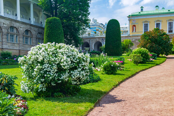 St.Petersburg, Russia - June, 27, 2021: Flower garden at the Catherine Palace in Pushkin (Tsarskoe...