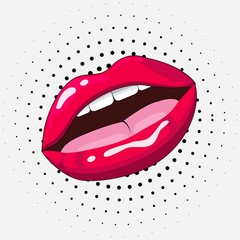 red lips, mouth and tongue icon on pop art retro vintage.Trendy and fashion color illustration.