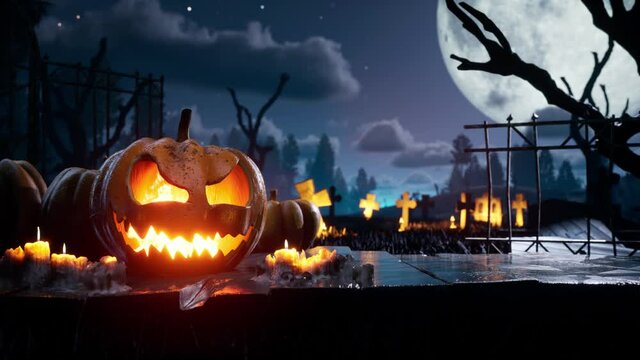 best Halloween animated 4k background. scary and Spooky pumpkin in fire. around mystic night and cemetery . High quality 4k footage