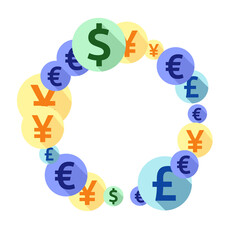 Euro dollar pound yen round signs scatter money vector background. Profit growth backdrop. Currency