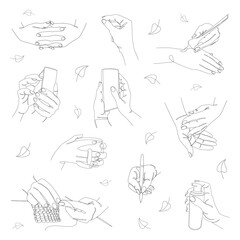 Collection. Human hands holding a phone, a cup, a pen, knitting, in a modern style with one line with leaves. Solid sketches for decor, posters, stickers, logo. Set of vector illustrations.