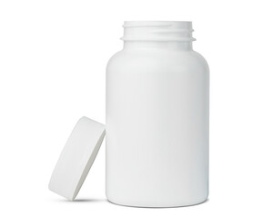 White plastic bottle, container or packer for Pills, tablets, drugs, vitamins. Medicine Concept for pharmacy store, hospital, doctor's office, disease, illness, sick. For Doctor prescription.