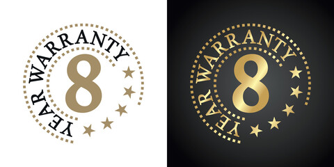 8 Year Warranty five stars white gold black logo icon label button stamp vector