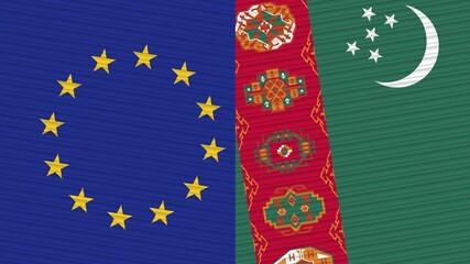 Turkmenistan and European Union Two Half Flags Together Fabric Texture Illustration