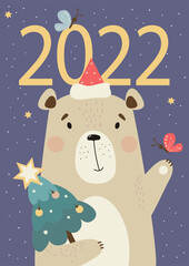 Bear calendar cover 2022. Cute bear in a Santa hat with Christmas tree and a butterfly on a purple background with decor. Vector illustration in a flat style. Vertical postcard for design and printing
