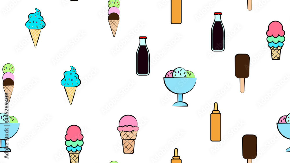 Poster endless white seamless pattern from a set of icons of delicious food and snacks items for a cafe bar