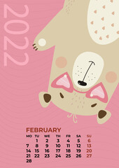 Bear calendar. February 2022. Cute teddy bear with glasses in the shape of hearts on a pink background. Vector illustration. Vertical template. A week from Monday in English. For childrens collection