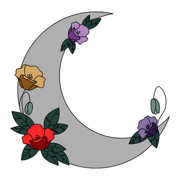 Fototapeta Półksiężyc i kwiaty w subtelnych kolorach - dekoracyjna boho ilustracja z miejscem na Twój tekst do wykorzystania jako logo, tatuaż, zaproszenie ślubne, kartka z życzeniami, naklejka.