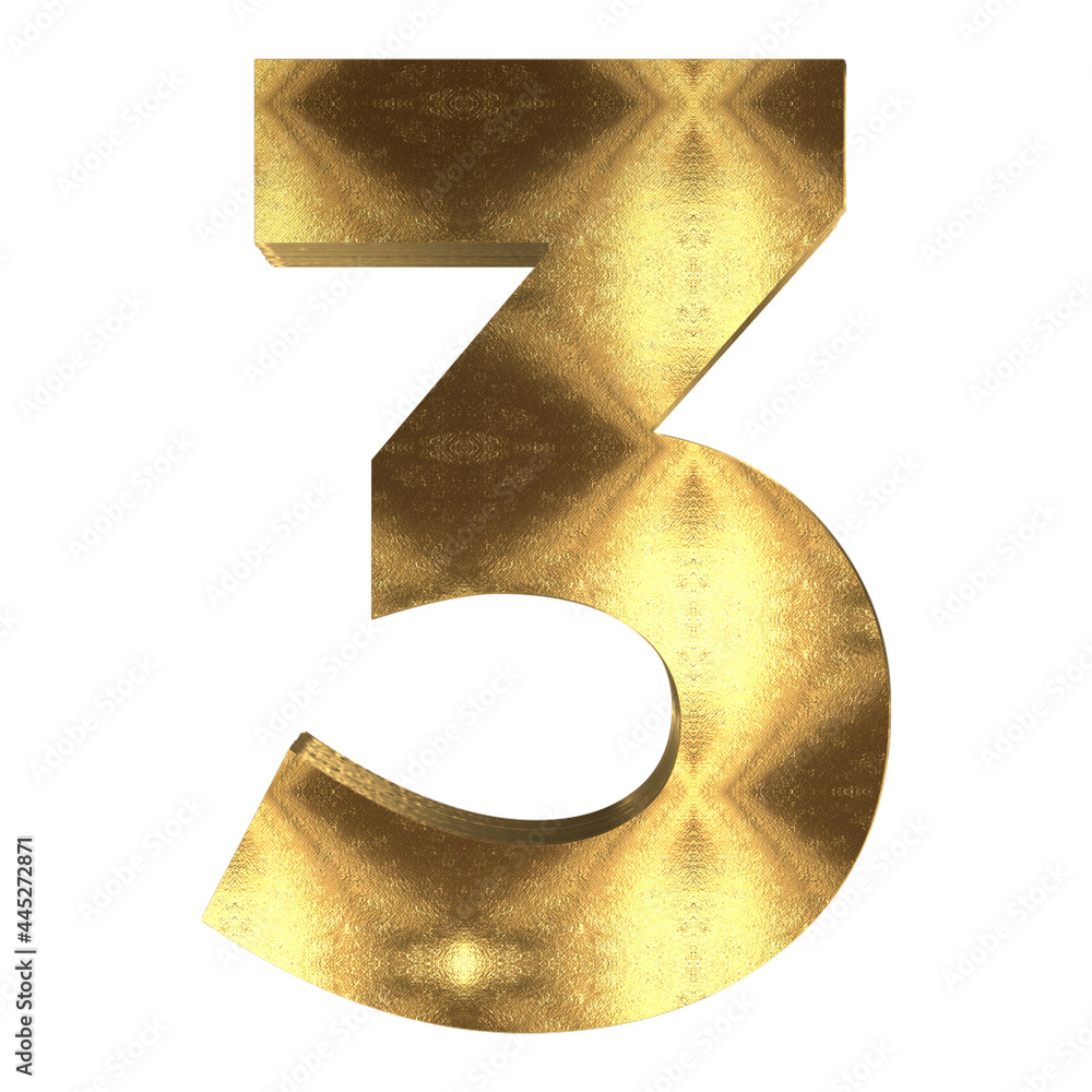 Poster 3d rendering of a golden metal number three symbol isolated on a white background