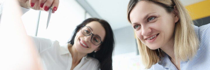 Two businesswoman are discussing business processes by demonstrating them on laptop