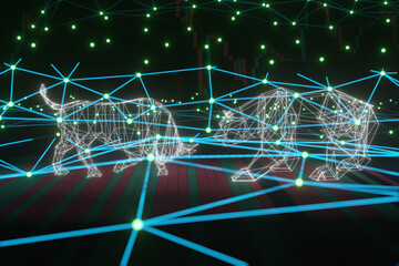 Polygonal 3d illustration of bull and bear with lines and dots on the volume chart and Japanese candles of the stock market. Business and financial investment concept.