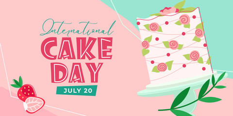 International Cake Day calligraphy typography on pink background. Mid-Century Modern style. Vector template for typography poster, banner, flyer, sticker, t-shirt, etc.