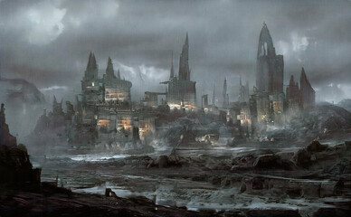 A futuristic city with mysterious castles. A non-existent landscape. Oil painting on canvas. Contemporary art.