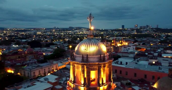 Queretaro Cinematic Drone Of Historic Saint Francis Church at night, Mexico 360 Aerial View, UNESCO World Heritage Site