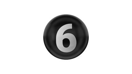 Number 6 on glossy black ball. 3d. 3D rendering. Black ball on the white background