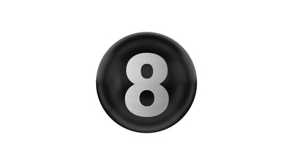 Number 8 on glossy black ball. 3d. 3D rendering. Black ball on the white background